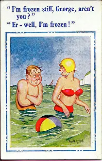 Shiver Prints: Comic postcard, Couple in the sea on a cold day Date: 20th century