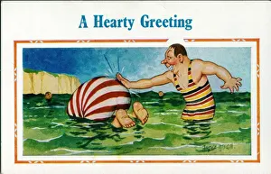 Sticking Prints: Comic postcard, Couple in the sea - A Hearty Greeting Date: 20th century