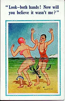 Comic postcard, Couple in the sea with marine life Date: 20th century