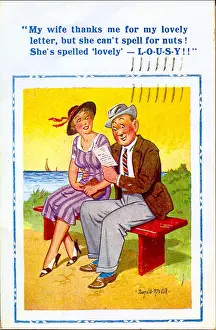 Romance Prints: Comic postcard, Couple at seaside - letter from wife Date: 20th century