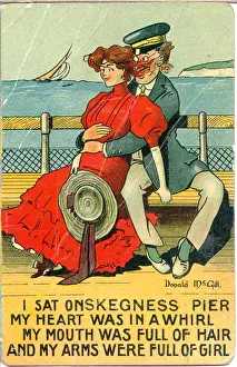 Hugging Prints: Comic postcard, Couple at seaside sitting on a bench - Skegness pier Date