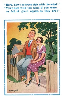 Images Dated 23rd March 2021: Comic postcard, Couple sitting on a fence Date: 20th century