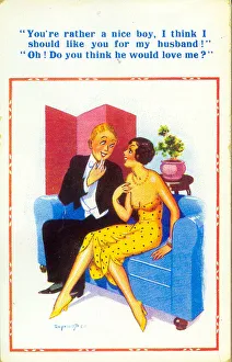 Comic postcard, Couple on a sofa