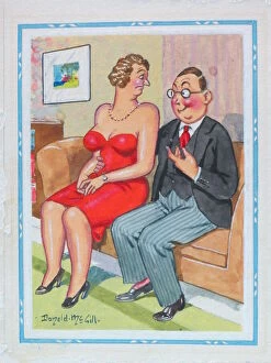 Comic postcard, Couple on a sofa. Holding you like this brings out the animal in me