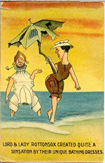Comic postcard, Couple in strange bathing costumes Date: early 20th century Comic postcard, Couple in strange bathing costumes Date: early 20th century