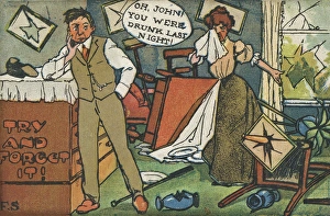 Images Dated 20th February 2017: Comic postcard, couple in a trashed room