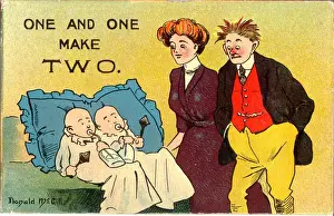 Comic postcard, Couple with twins - One and one make two Date: 20th century