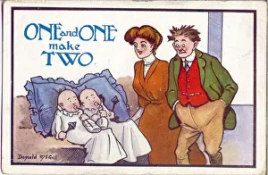 Comic postcard, Couple with twins - One and one make two Date: 20th century