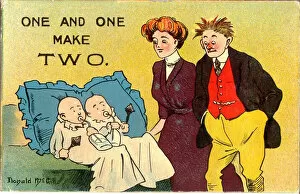 Maths Collection: Comic postcard, Couple with twins - One and one make two Date: 20th century