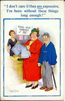 Assistant Prints: Comic postcard, Couple at an underwear counter - real silk undies Date: 20th century