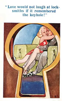 Comic postcard, couple viewed through a keyhole Date: 20th century