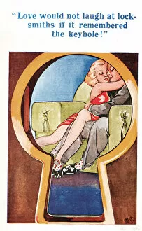 Images Dated 24th March 2021: Comic postcard, couple viewed through a keyhole Date: 20th century
