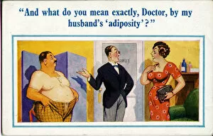 Obese Gallery: Comic postcard, Couple visiting the doctor Date: 20th century