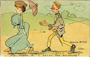 Comic postcard, Couple walking in the countryside - My word, if I catch you bending Comic postcard, Couple walking in the countryside - My word, if I catch you bending