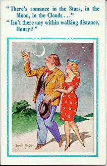 Comic postcard, Couple out walking at night Date: 20th century