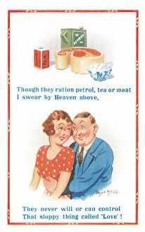 Comic postcard, couple with wartime rations, WW2