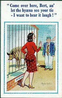 Hyena Prints: Comic postcard, Couple at the zoo - hyena Date: 20th century