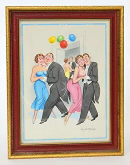 Comic postcard, Couples dancing at a party, and bumping into each other Date