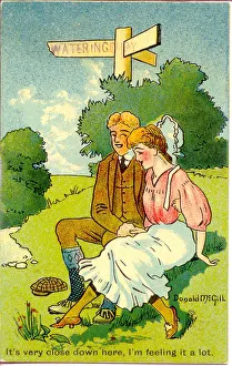 Comic postcard, Courting couple in the countryside Date: 20th century Comic postcard, Courting couple in the countryside Date: 20th century