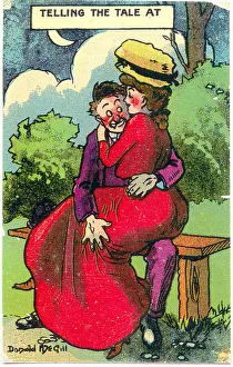 Comic postcard, Courting couple in a park at night