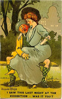 Comic postcard, Courting couple in a park at night Date: 20th century Comic postcard, Courting couple in a park at night Date: 20th century