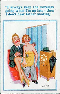Skimpy Prints: Comic postcard, Courting couple with radio playing Date: 20th century
