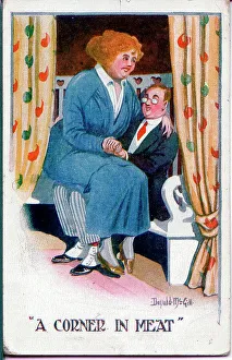 Sighted Prints: Comic postcard, Courting middle aged couple. Date: 20th century