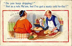 Comic postcard, Customer in butchers shop Date: 20th century