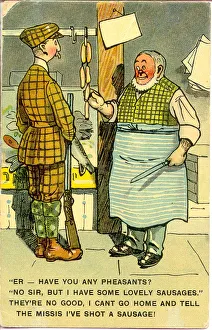 Comic postcard, Customer in butcher's shop Date: early 20th century Comic postcard, Customer in butcher's shop Date: early 20th century