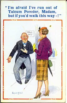 Drugs Gallery: Comic postcard, Customer in department store - walk this way Date: 20th century