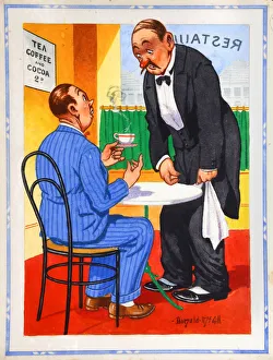 Cocoa Prints: Comic postcard, Customer and waiter in restaurant