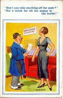 Negotiation Collection: Comic postcard, Customer in Wholesale Department hoping for a cash discount Date