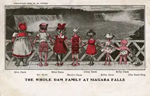 Waterfalls Prints: Comic postcard, The Whole Dam Family at Niagara Falls