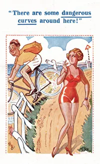 Comic postcard, Dangerous curves at the seaside Date: 20th century Comic postcard, Dangerous curves at the seaside Date: 20th century