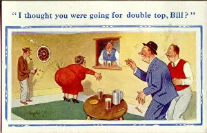 Obese Gallery: Comic postcard, Darts match in pub - double top Date: 20th century