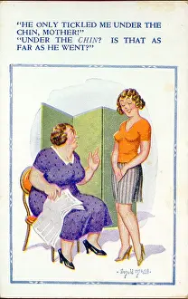 Frowning Prints: Comic postcard, Daughter describes her date to her mother Date: 20th century