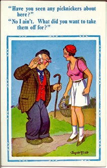 Comic postcard, Deaf old man misunderstands pretty young woman Date: 20th century