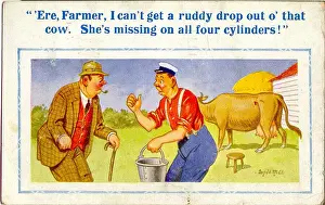 Cylinders Prints: Comic postcard, Difficulty milking a cow Date: 20th century