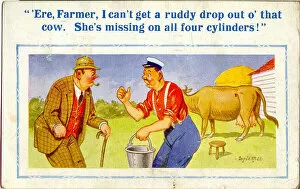 Pail Gallery: Comic postcard, Difficulty milking a cow Date: 20th century