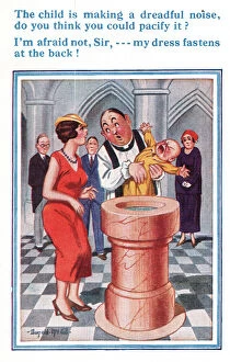 Donald Gallery: Comic postcard, dilemma at baptism
