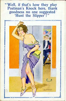 Ankle Gallery: Comic postcard, Dishevelled woman at a party Date: 20th century