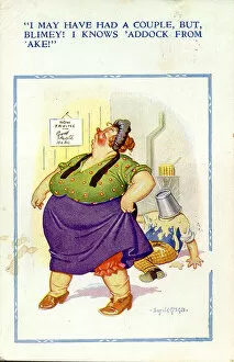 Obese Gallery: Comic postcard, Dissatisfied customer in fish shop Date: 20th century