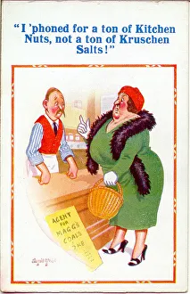 Comic postcard, dissatisfied customer in shop Date: 20th century Comic postcard, dissatisfied customer in shop Date: 20th century