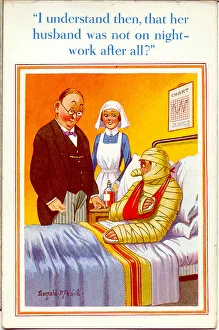 Bandage Prints: Comic postcard, Doctor, nurse and bandaged patient