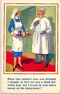 Nursing Prints: Comic postcard, Doctor and nurse, operating theatre Date: 20th century