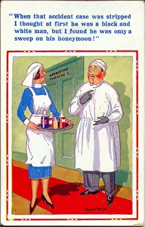 Comic postcard, Doctor and nurse, operating theatre Date: 20th century