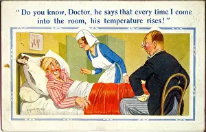 Nurse Prints: Comic postcard, Doctor, nurse and patient - rising temperature Date: 20th century