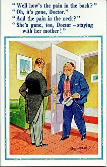 Comic postcard, Doctor and patient - two types of pain Date: 20th century