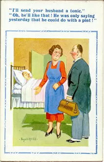 Comic postcard, Doctor visits patient, wife misunderstands