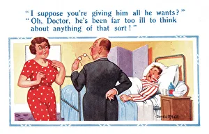 Suggestive Prints: Comic postcard, Doctor visits sick man, wife misunderstands